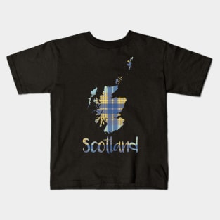 Scotland Blue and Yellow Tartan Map Typography Design Kids T-Shirt